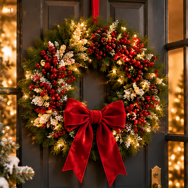 Christmas Berry Pine Wreath with Velvet Bow