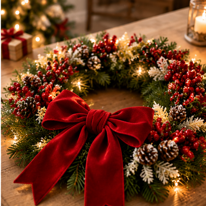 Christmas Berry Pine Wreath with Velvet Bow