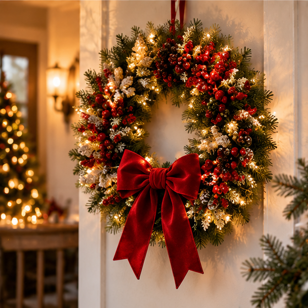 Christmas Berry Pine Wreath with Velvet Bow