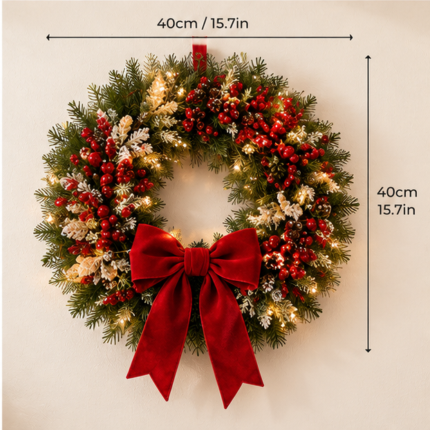Christmas Berry Pine Wreath with Velvet Bow